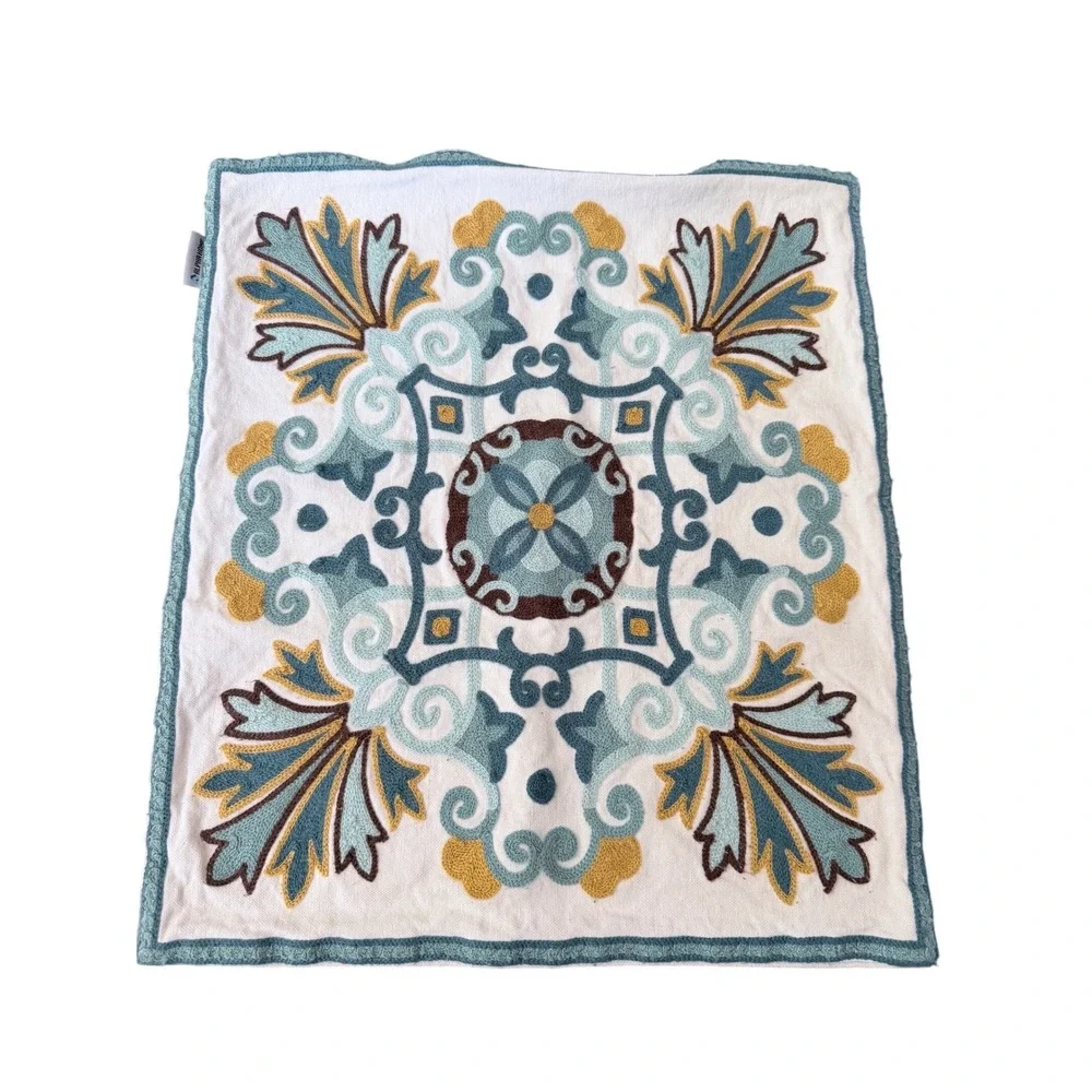 Alpha Home Embroidered Damask Medallion Throw Pillow Cover Teal Ochre Blue White